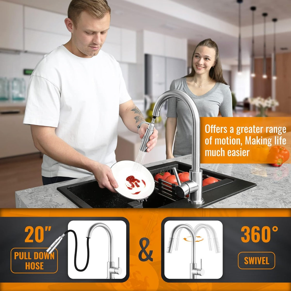 APPASO kitchen pull-down sprayer brushed nickel faucet silver