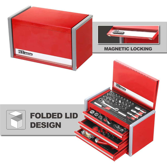 P.I.T. Portable 3 Drawer Steel Tool Box with 61 Piece Machine Tool Kit