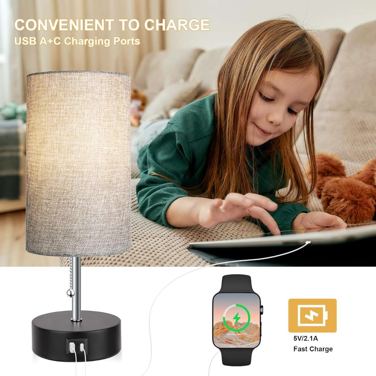 3 Color Warm Bedside Light Bedside Table Light with USB (Grey)