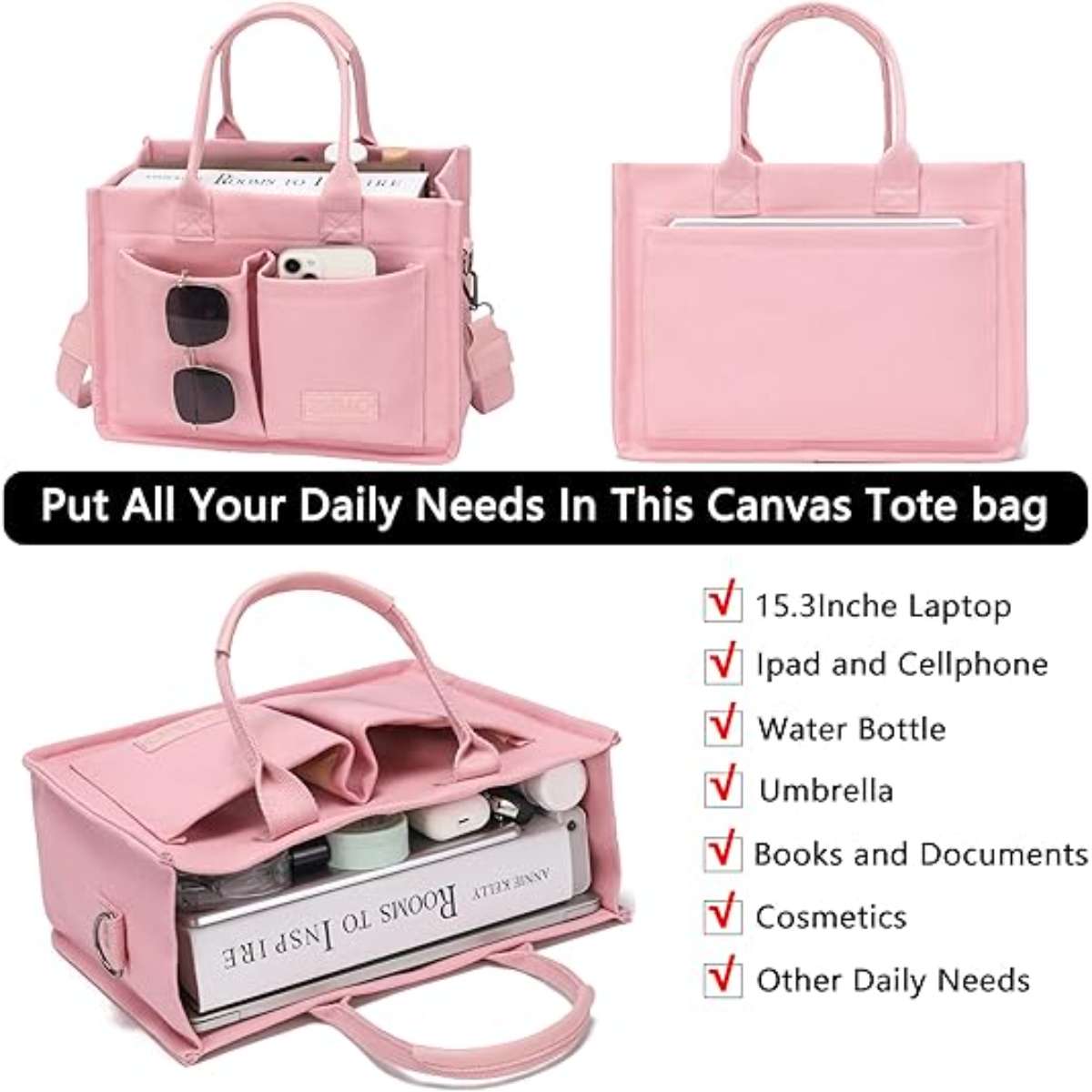 Large canvas tote bag for women with pockets