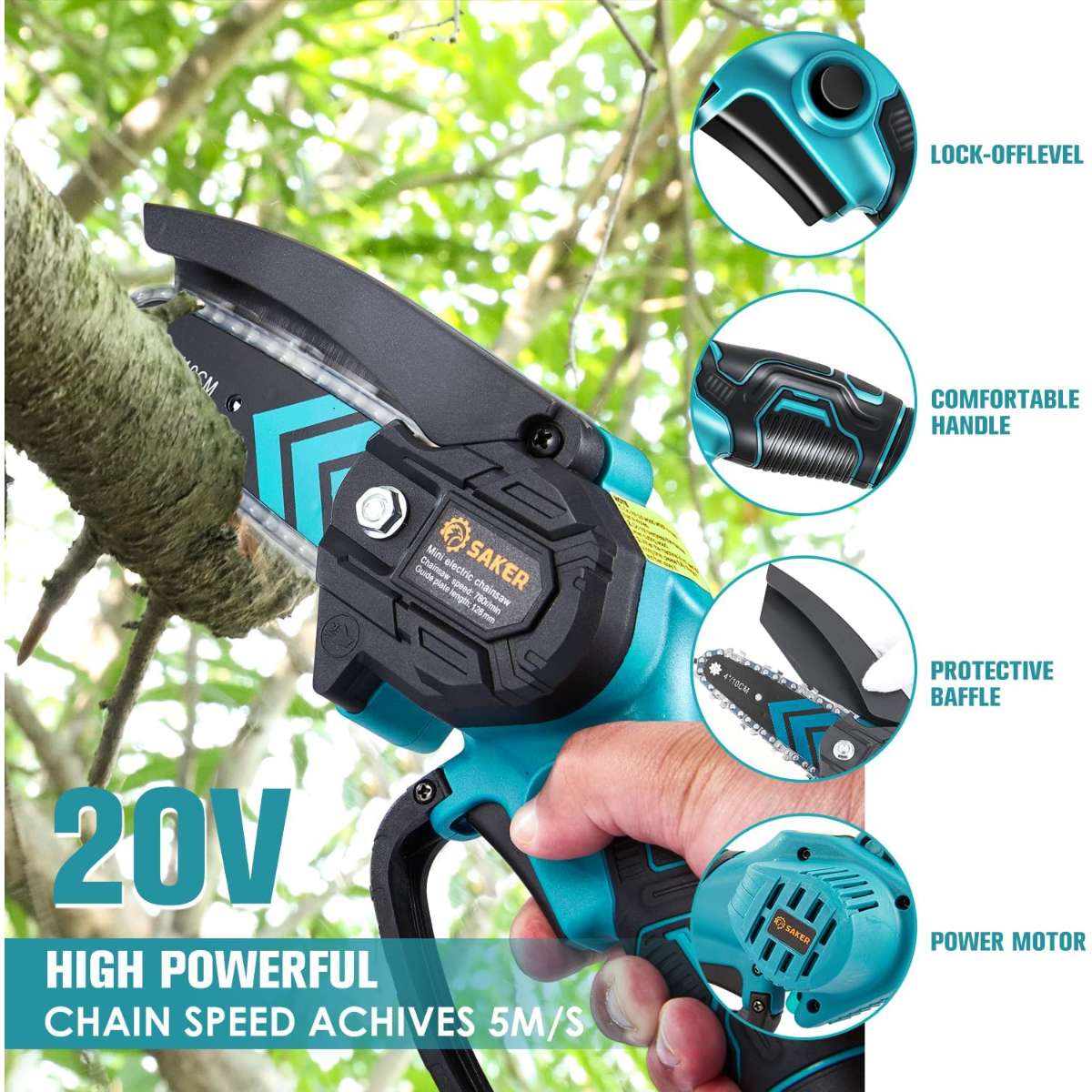 Saker mini chainsaw, portable electric chainsaw cordless