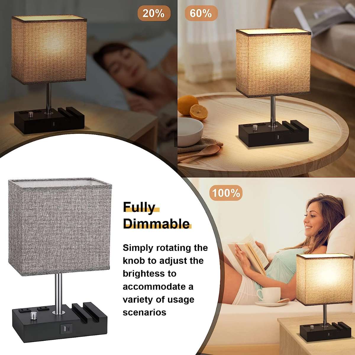 Kakanuo bedroom with USB C port fully dimmable bedside table lamp