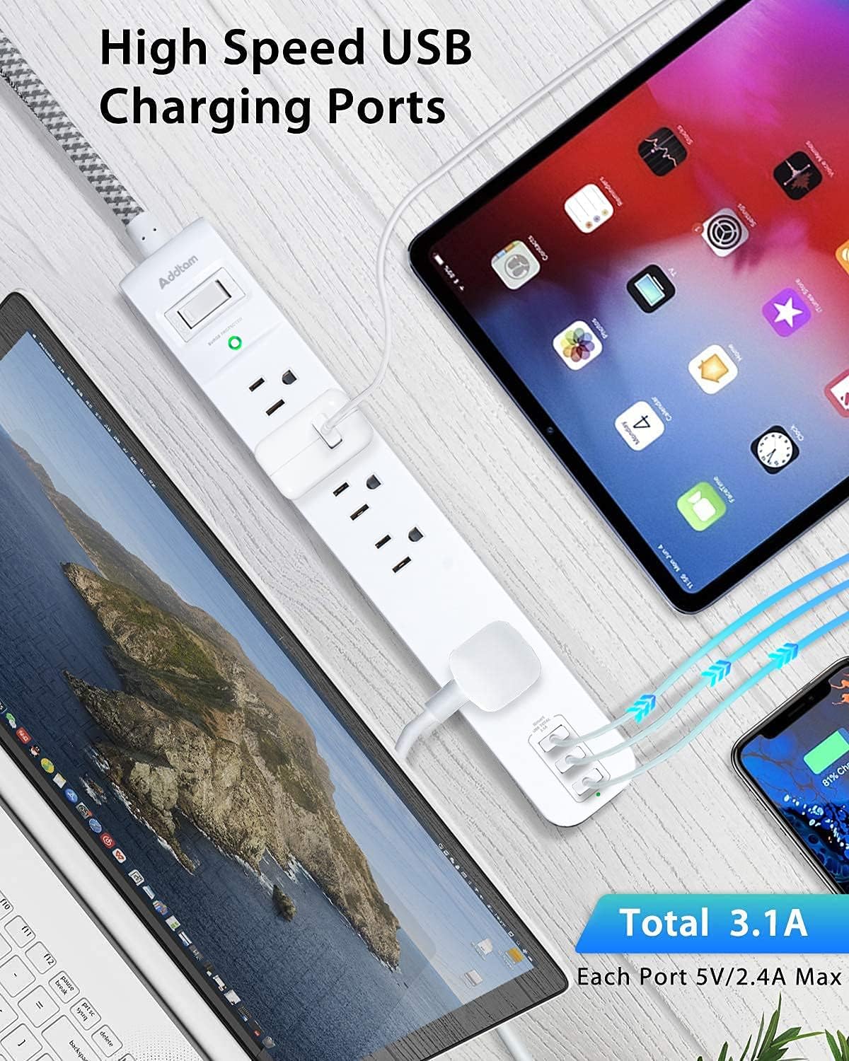 2 Pack Power Strip Surge Protectors - 5 pcs., white