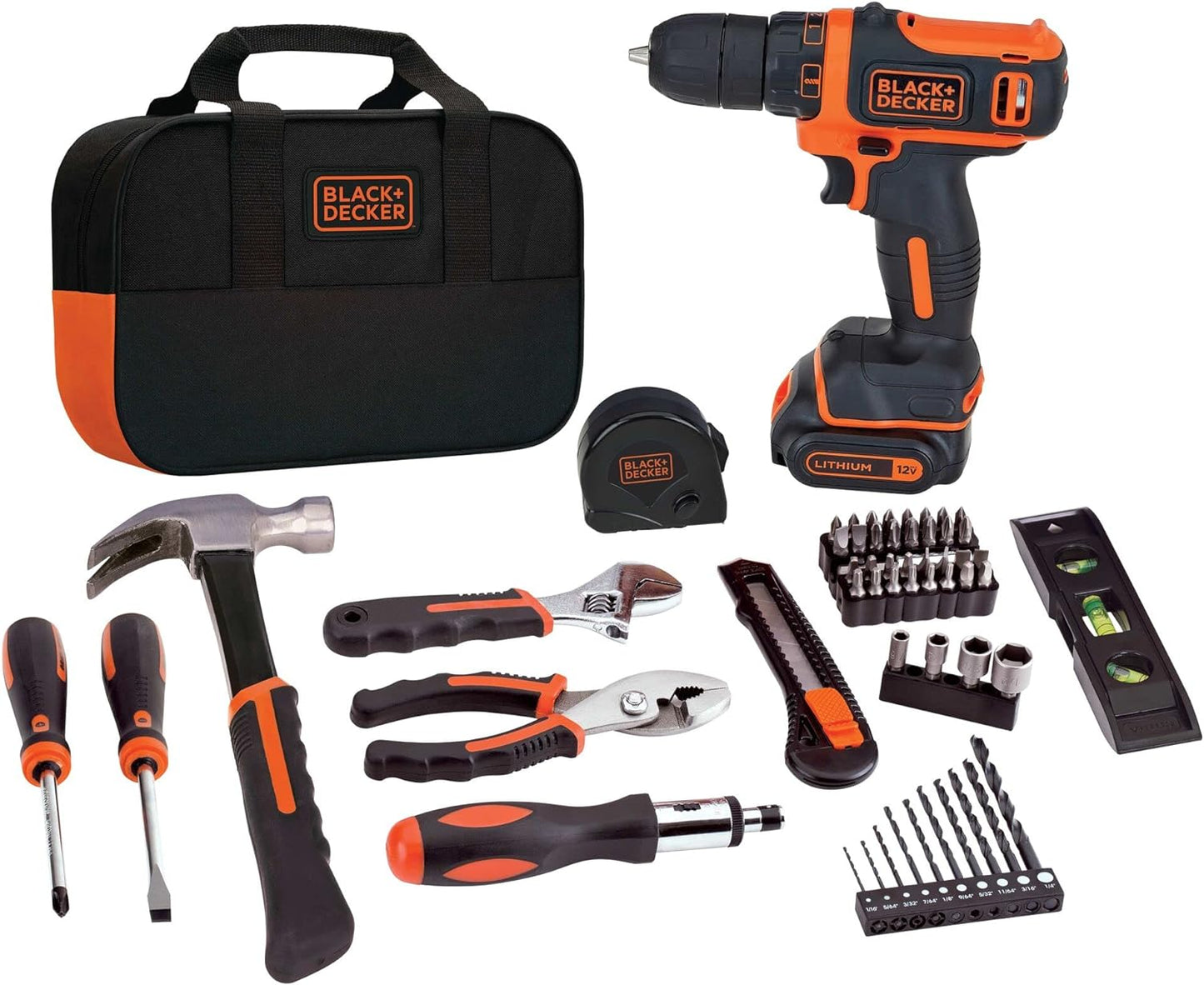 BLACK+DECKER 12V MAX Drill & Household Tools Kit, 60 Pieces (BDCDD12PK)