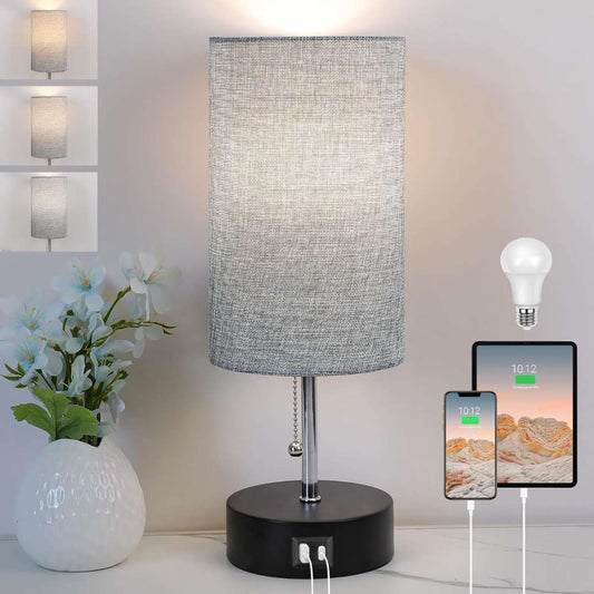 3 Color Warm Bedside Light Bedside Table Light with USB (Grey)