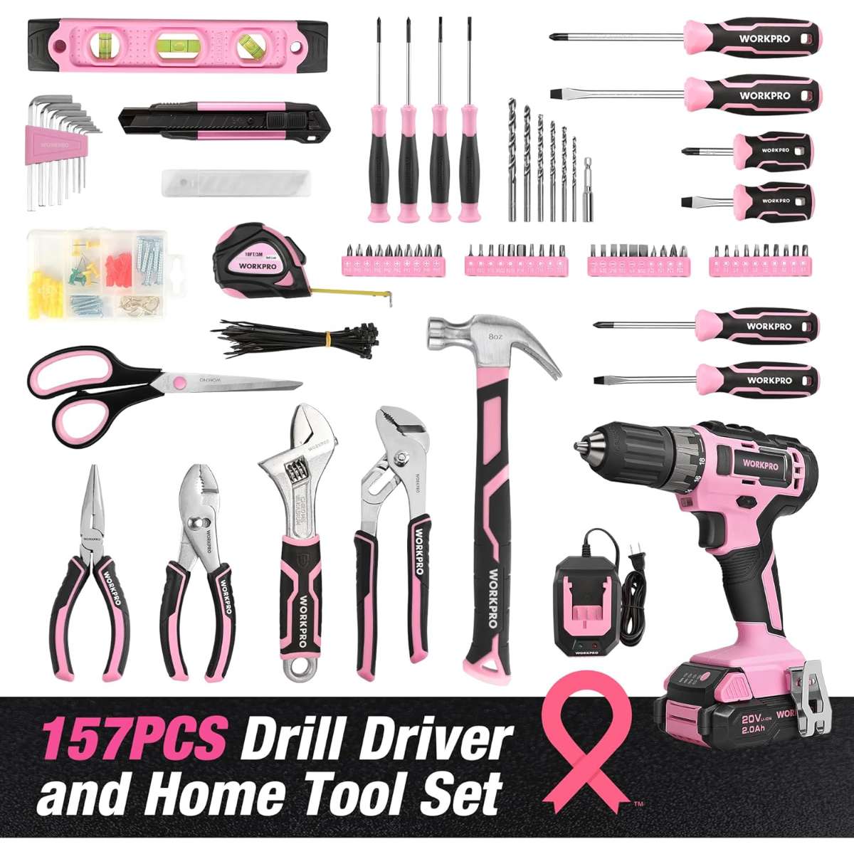 WORKPRO Pink Household Tool Set with Drill Bit-Pink Ribbon