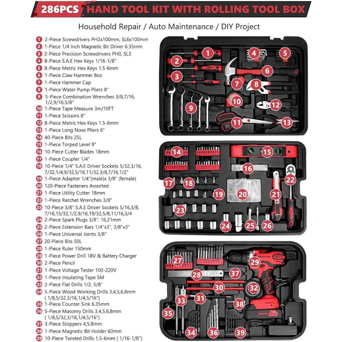 KingTool Home Tool Kit - 286 PCS Home Car Repair Tool Kit