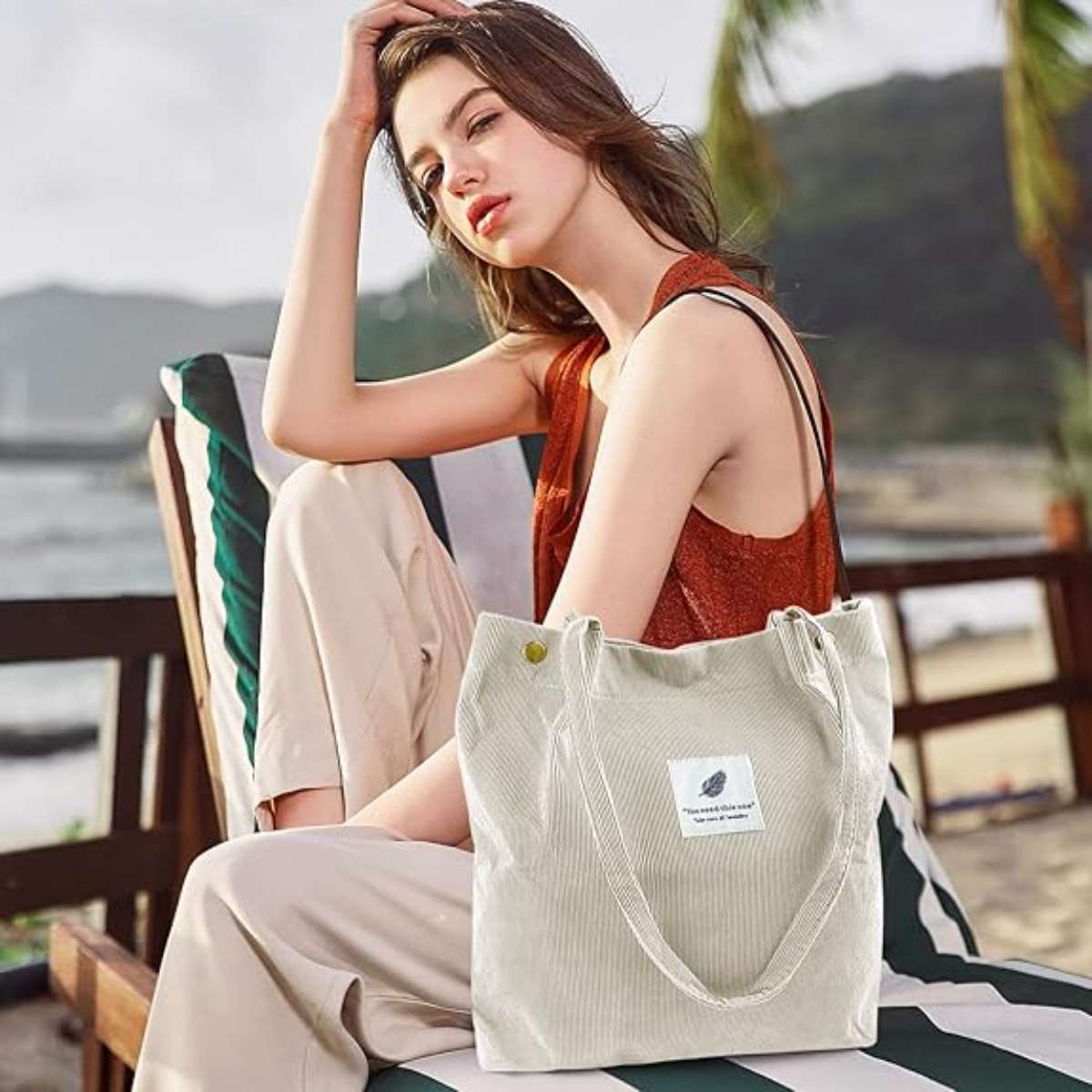 Corduroy Tote Bag for Women Canvas Shoulder Cord Purse with Inner Pocket
