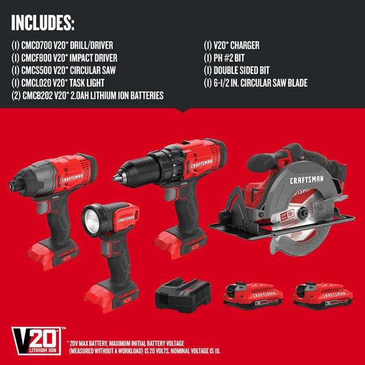 CRAFTSMAN V20 MAX POWER TOOL COMBO KIT (CMCK401D2AM)