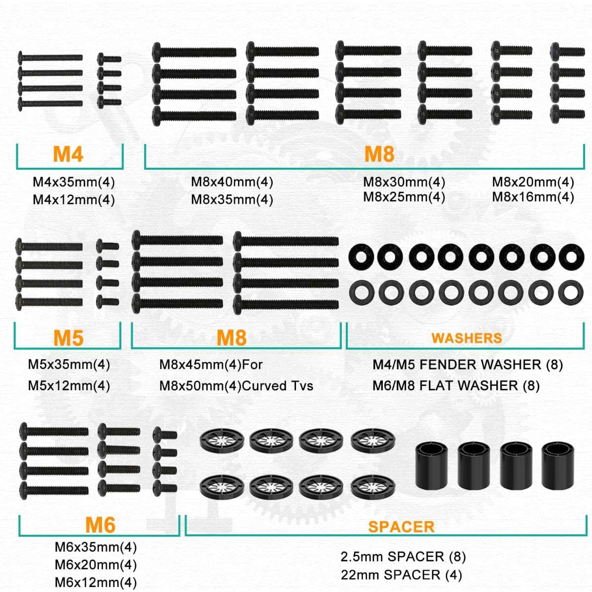 WALI Universal TV Mounting Hardware Kit Package, Black