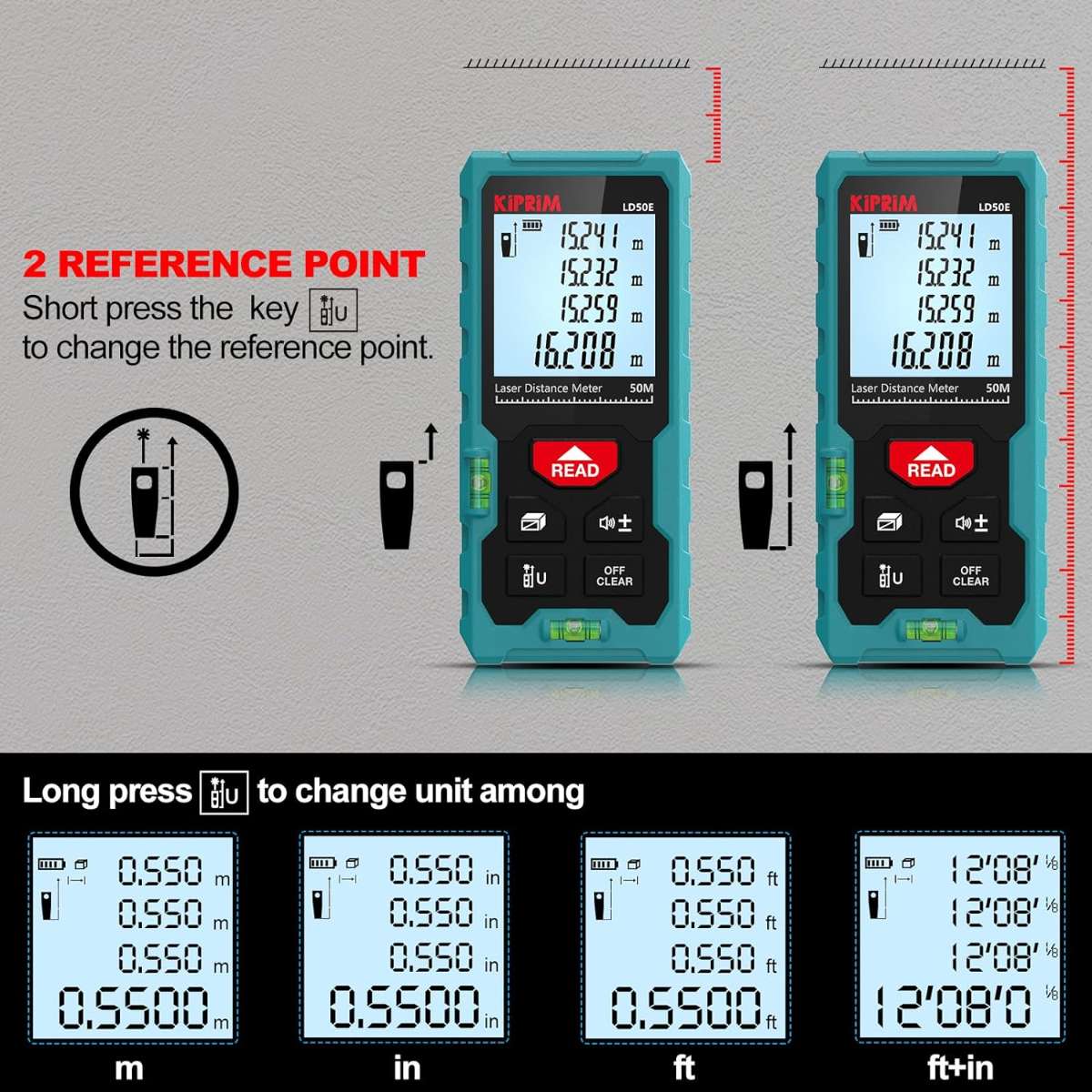 Kiprim Laser Ranging 165ft LD50E Laser Tape Measure, Bubble Level