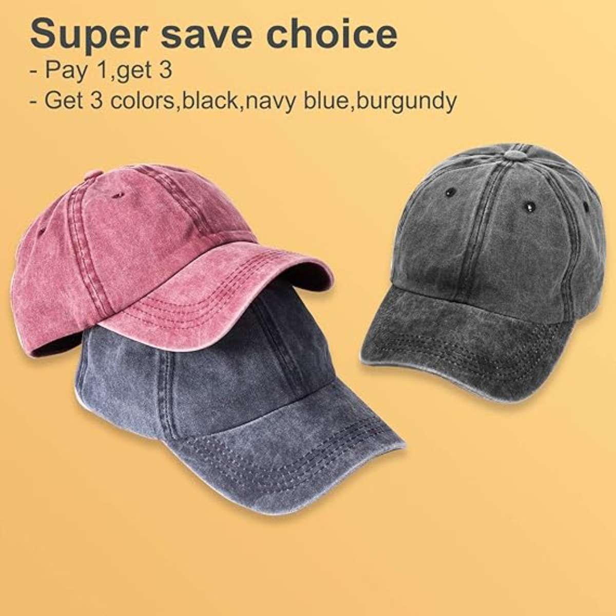 Set of 3 washed plain baseball caps