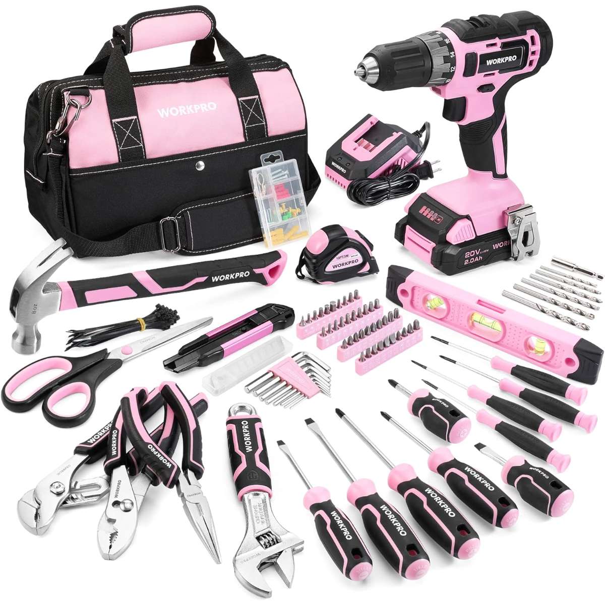 WORKPRO Pink Household Tool Set with Drill Bit-Pink Ribbon