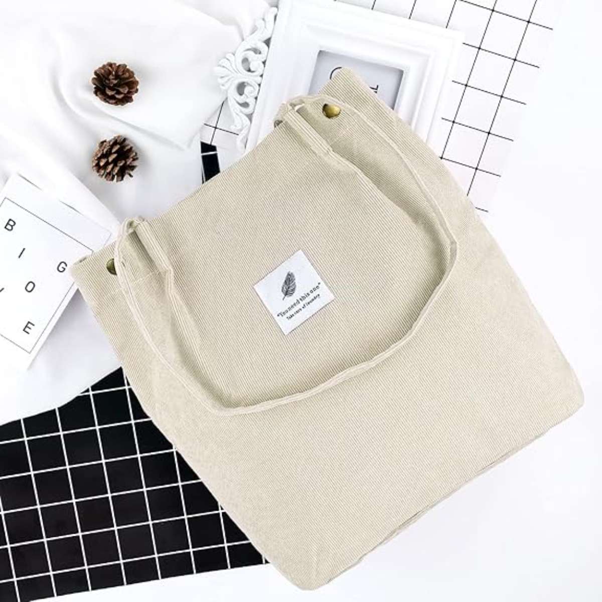 Corduroy Tote Bag for Women Canvas Shoulder Cord Purse with Inner Pocket