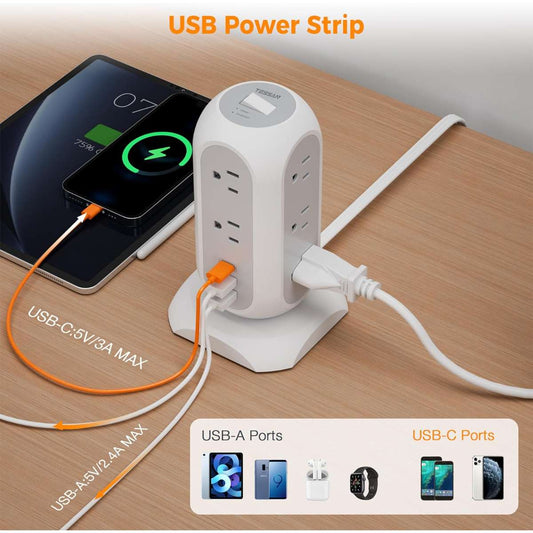 Tower Power Strip Flat Plug with 11 Sockets 3 USB