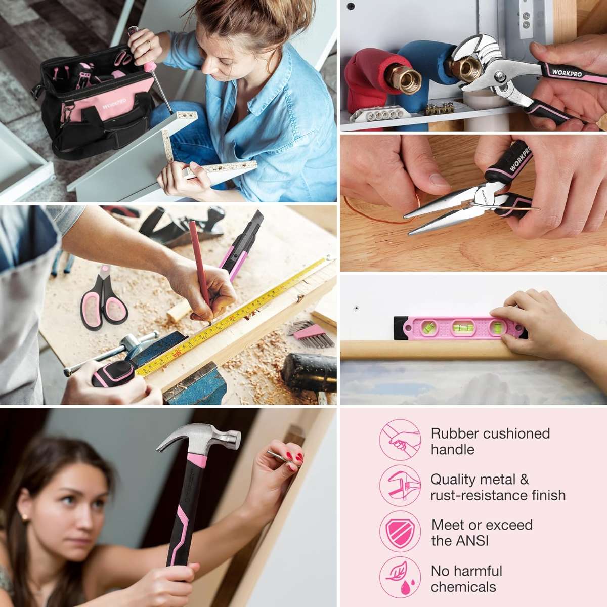 WORKPRO Pink Household Tool Set with Drill Bit-Pink Ribbon