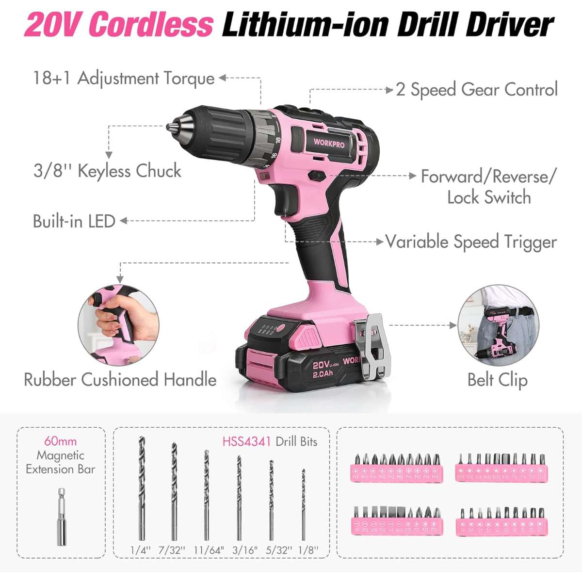 WORKPRO Pink Household Tool Set with Drill Bit-Pink Ribbon