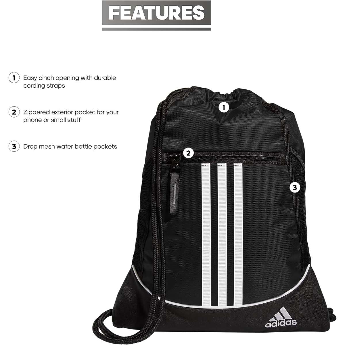 adidas Alliance Sackpack Drawstring Backpack Gym Bag, Silver Green/White, One Size