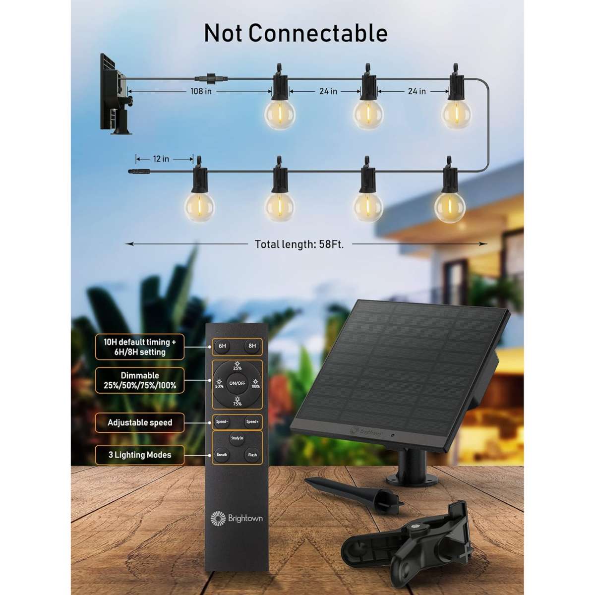 Brightown 58FT Solar String Lights Outdoor with Remote Cable Ties and Hooks