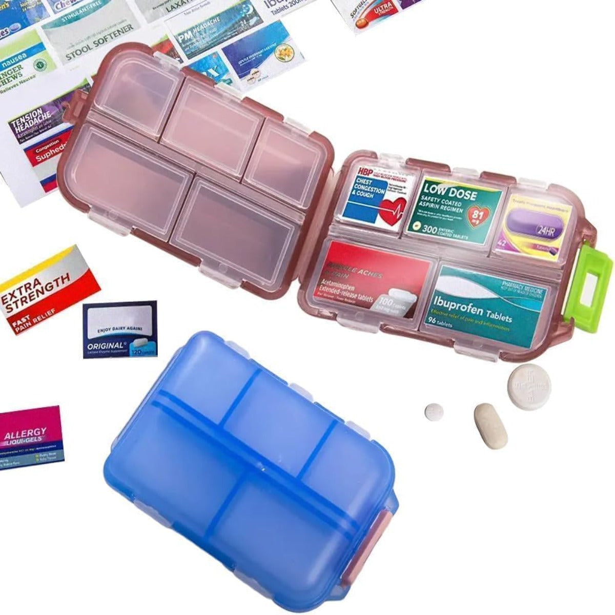Pill organizer with medication labels (purple, 146 labels)