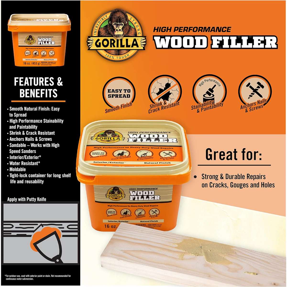 Gorilla All Purpose Wood Filler, 16 Ounce Tub, Natural (Pack of 1)