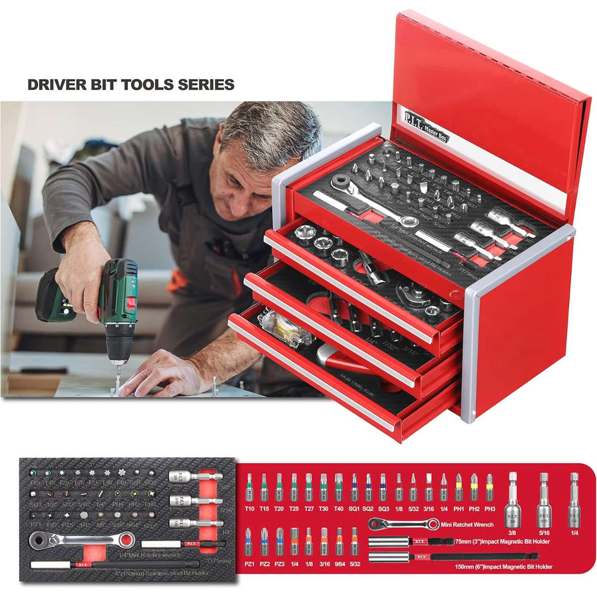 P.I.T. Portable 3 Drawer Steel Tool Box with 61 Piece Machine Tool Kit