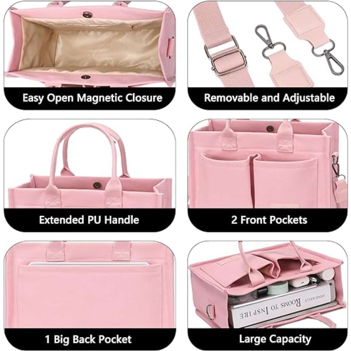 Large canvas tote bag for women with pockets