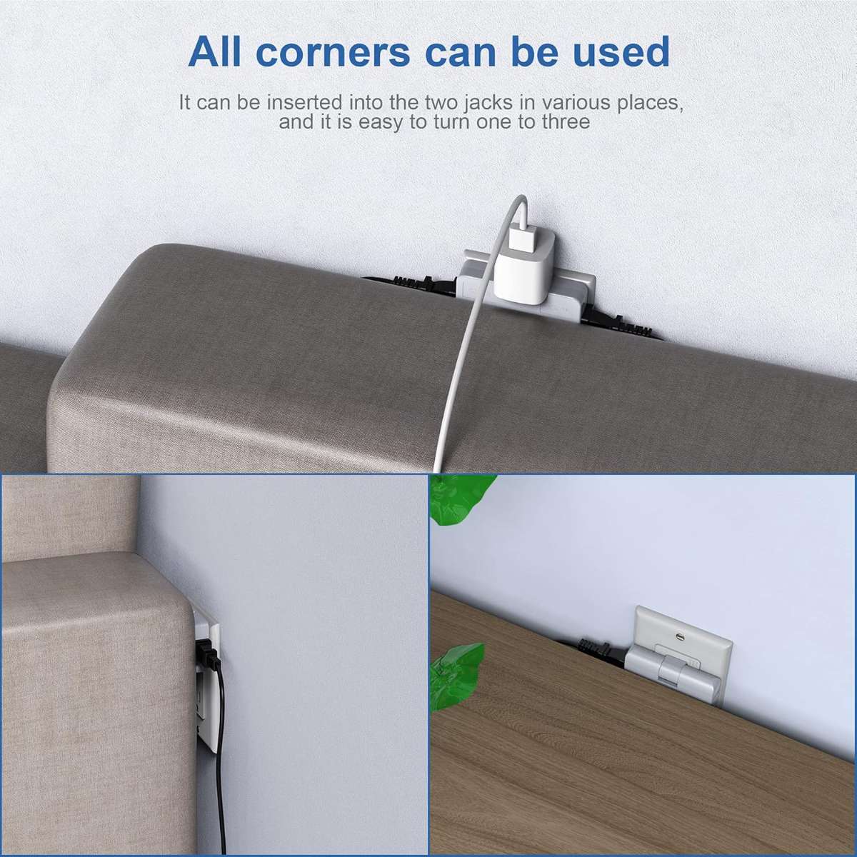 3-Way Flat Wall Outlet Extender AC Adapter, White (3-Pack)