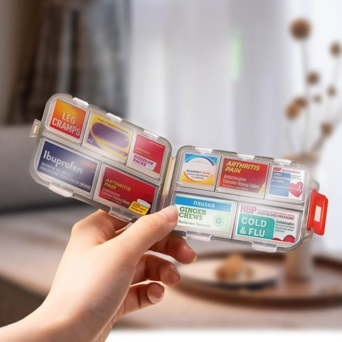 Pill organizer with medication labels (purple, 146 labels)